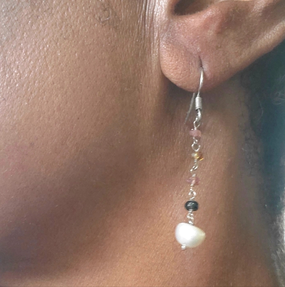 FreshwaterPearl & Multi-colored Genuine Sapphire Sterling Silver Dangle Earrings - Picture 6 of 7